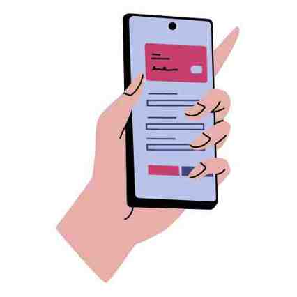 Illustration av en hand som håller en mobil med formulär på skärmen.