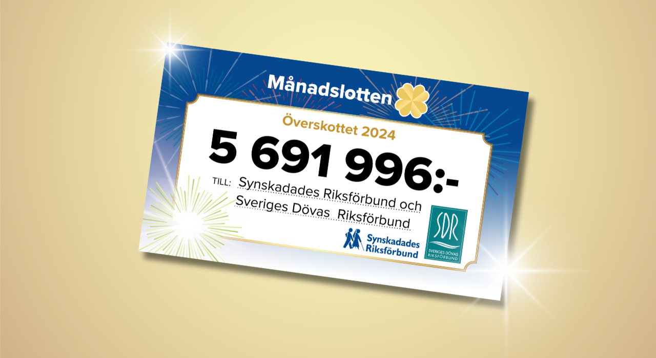 Månads­lottens överskott 2024 på 5 691 996 kronor till Synskadades och Dövas Riksförbund.