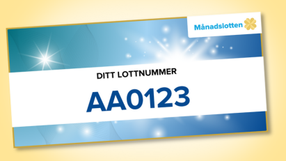 Lott från Månads­lotten med lottnummer AA0123 mot blå bakgrund.