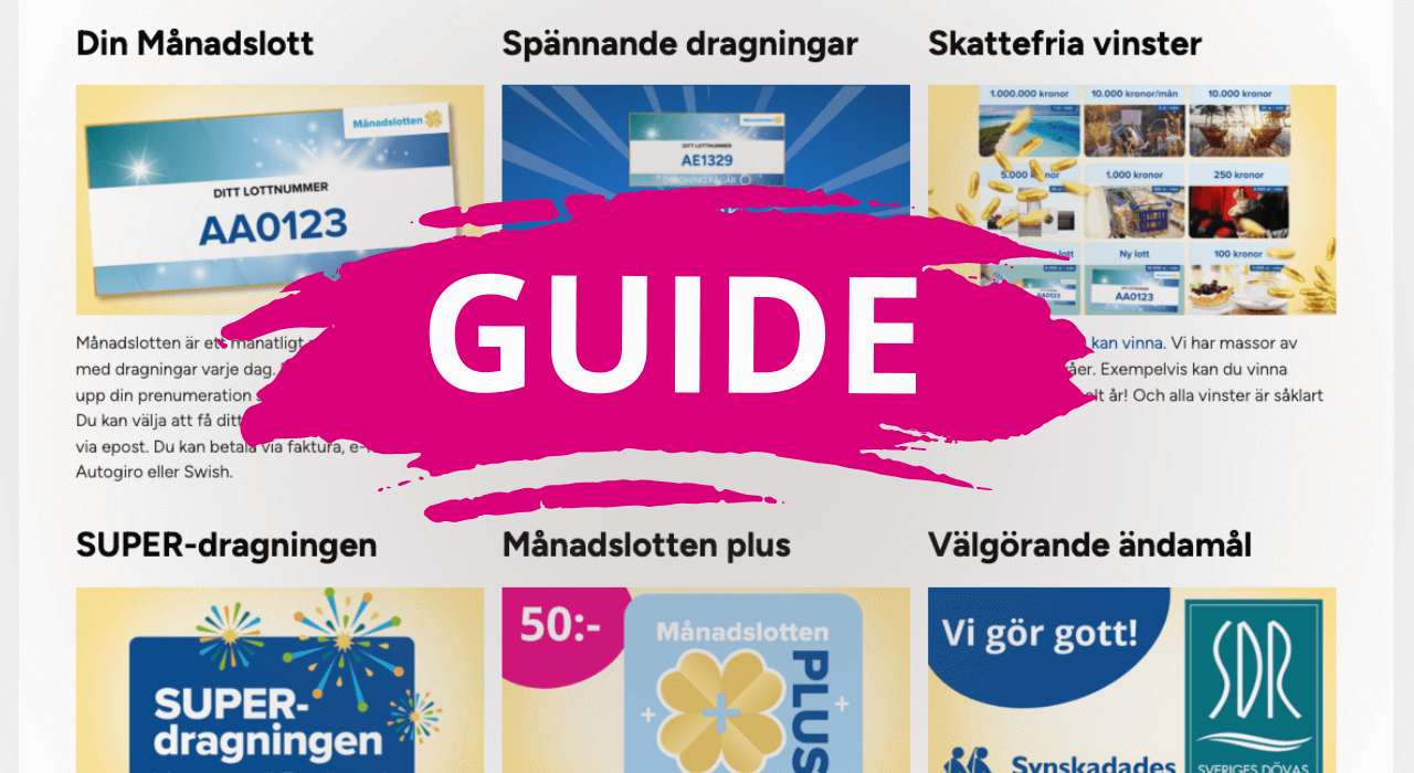 Guide till Månads­lotten med rubriker om dragningar, vinster och ändamål.